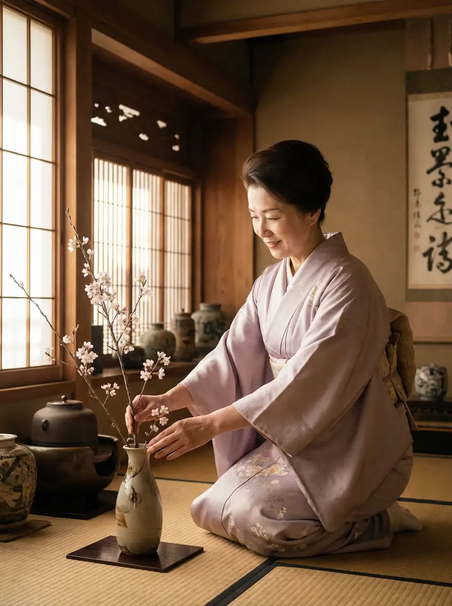 一位优雅的 小宝探花 在和室中插花